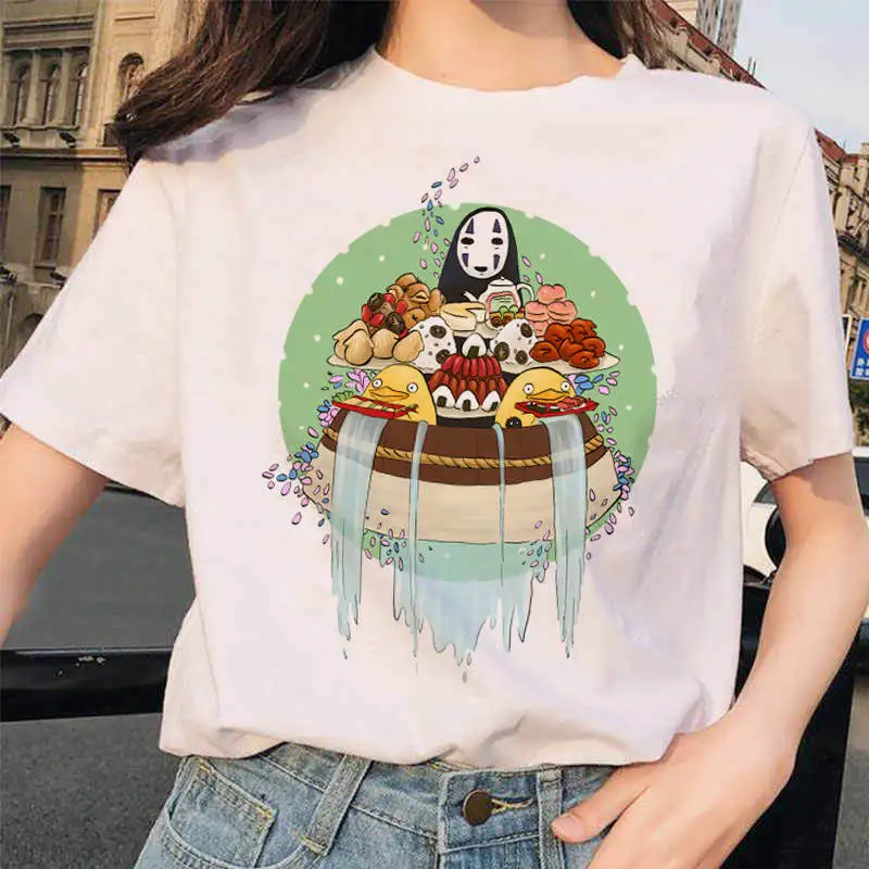 white 90s Харадзюку Тоторо Унесенные призраками студия Ghibli femme Футболка японская женская ulzzang футболка аниме Хаяо Миядзаки женская футболка - Color: white