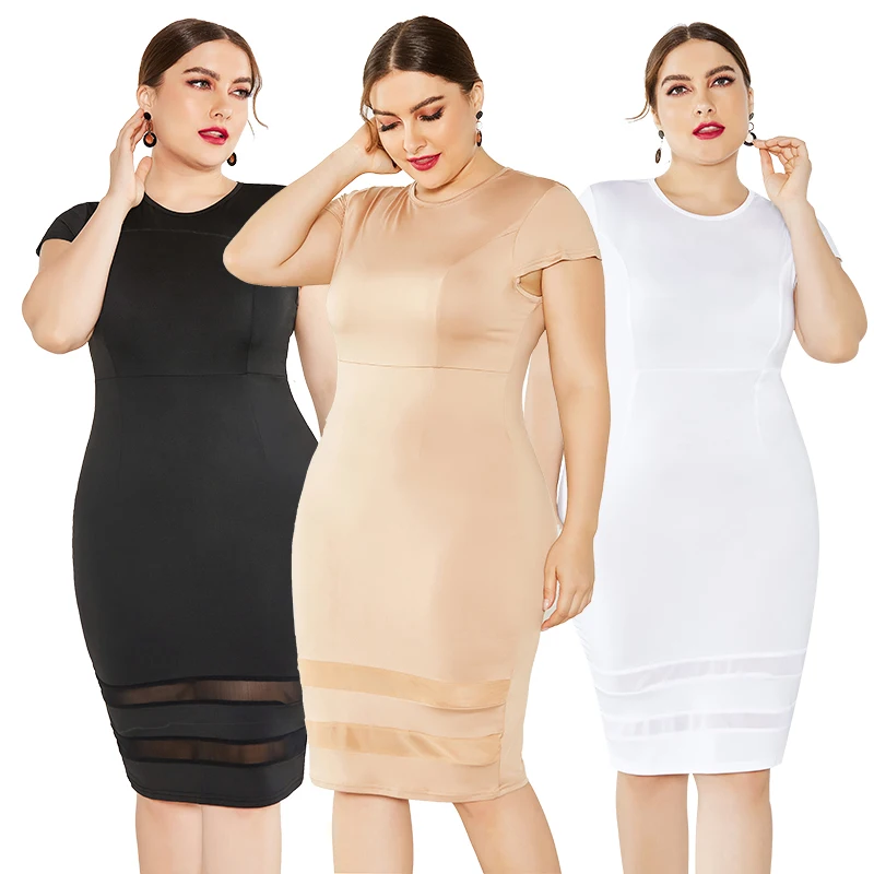 

Plus Size Ladies Dress Elegant Dress 2019 New Round Neck Short Sleeve Spring Autumn Solid Color Mesh Stitching Dress Black/White