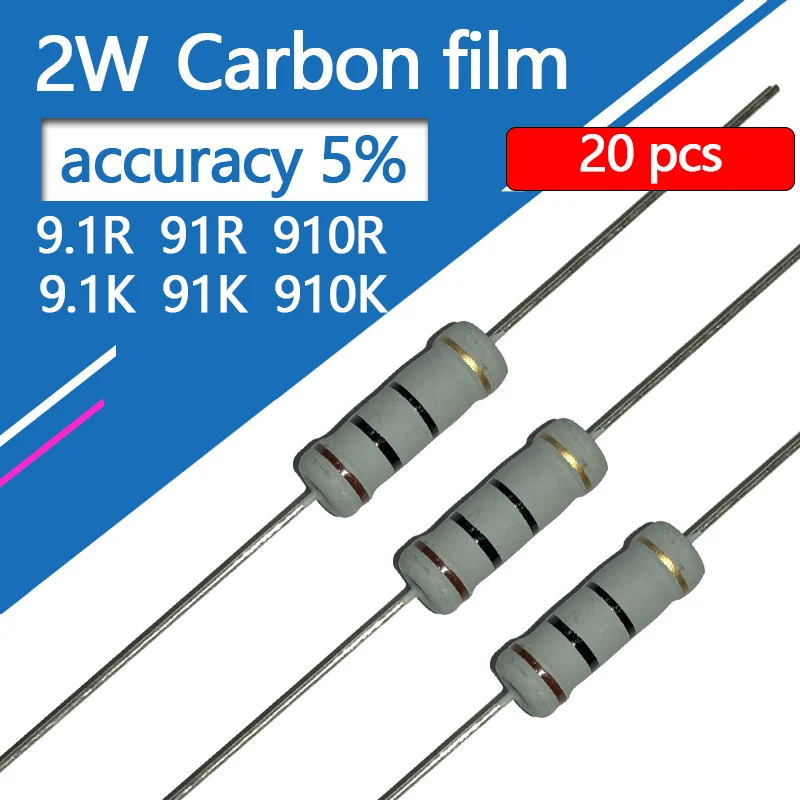

20pcs 2W Carbon Film Resistor Four Color Circle 9.1R 91R 910R 9K1 91K 910K 9.1K Ohm 5% 2W Resistance