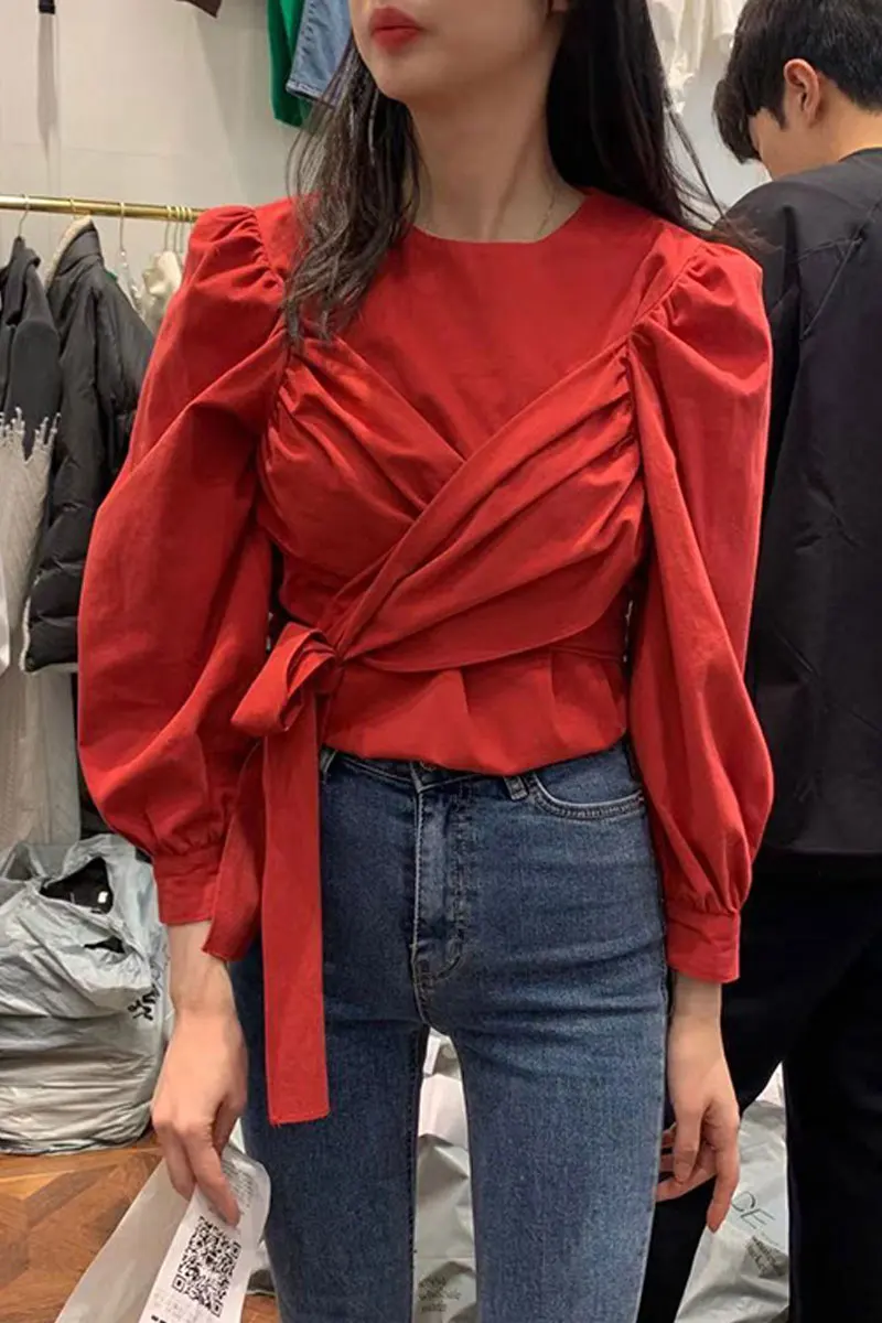 Spring Shirt Woman New Temperament High Waist Puff Sleeve Lace-up Shirt Women's Tops and Blouses Ladies All-match Blouse Top - 4.00068E+12