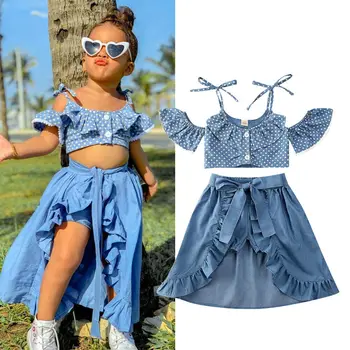

3Pcs Toddler Baby Kid Girl Clothes Sets Summer Polka Dots Off Shoulder Tops+Ruffle Skirts+Shorts Clothes