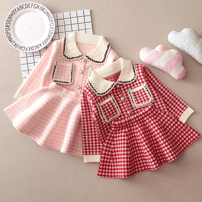 

2020 Spring Childrenswear Kids' Sweater Baby Graceful Thousands of Birds GIRL'S Knitted Cardigan Short Skirt Two-Piece Set