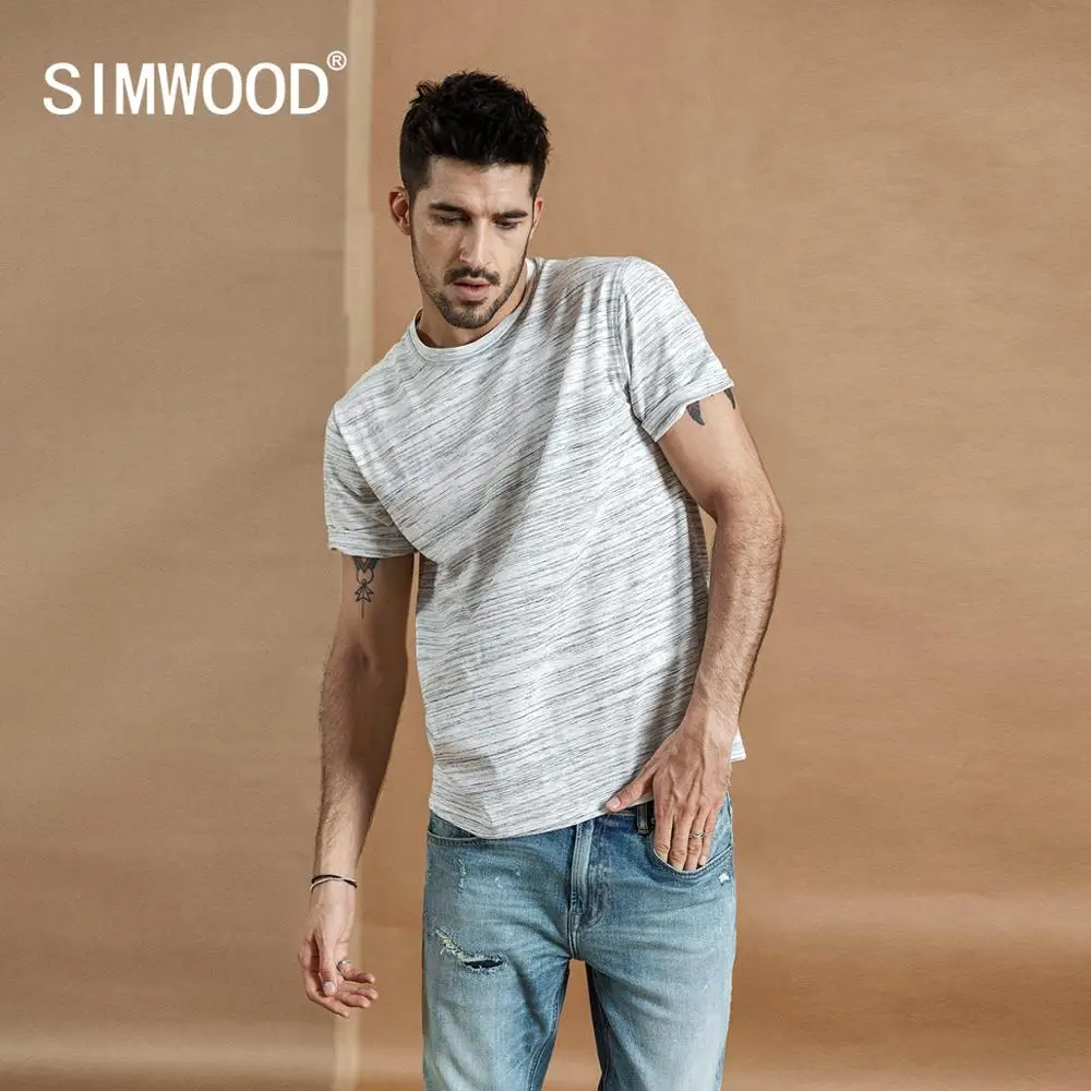 SIMWOOD 2020 summer new Mélange striped t-shirt men o-neck t shirt high quality plus size brand clothing o-neck tops 190432