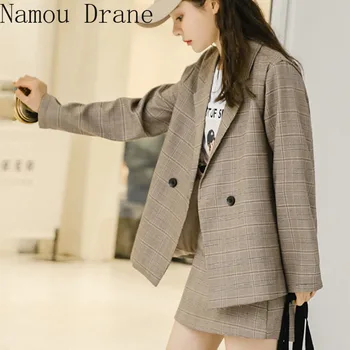 

Vintage Blazer Skirt Sets Long Sleeve Plaid Blazer Jacket Female+A Line Mini Skirt Ladies Spring Two Piece Set 2020 Women Suit