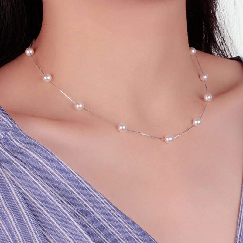 Серебряное ожерелье, 925 пробы, серебряная простая цепочка, плавающее жемчужное ожерелье, очаровательное свадебное Колье, Ожерелье, хорошее ювелирное изделие