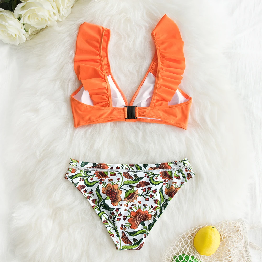 SEASELFIE 2020 Sexy Low-waist Bikinis Set Swimwear Women Swimsuits Bathing Suit Biquini Orange Floral Ruffled Bikini Beachwear