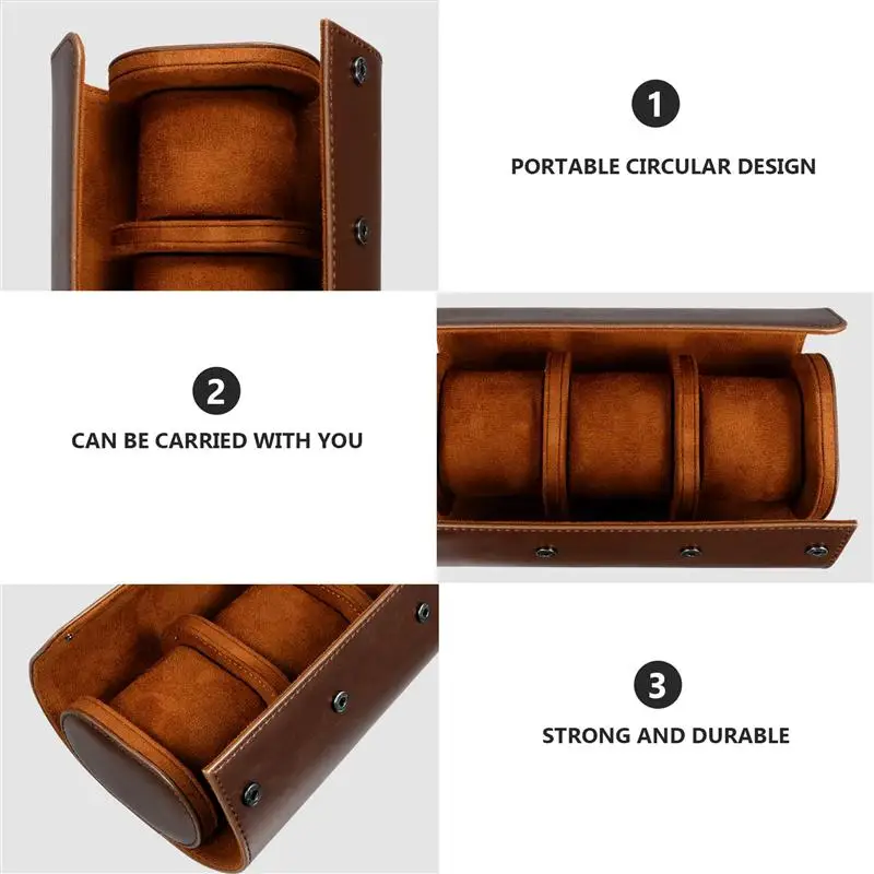 NICERIO Travel Watch Case PU Watch Box 3 Slots Storage Organizer Bracket Holder for Travel Business Trip (Brown)