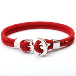 Nautical Anchor Braided Rope Bracelet with Silver Hook - 19.5cm (Red)