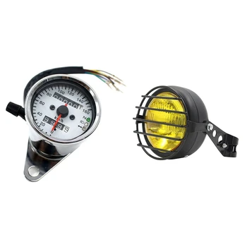 

Motorcycle Instrument Speeeter Oeter with 6.5Inch Retro Motorcycle Amber Headlight Grill Side Mount Cover
