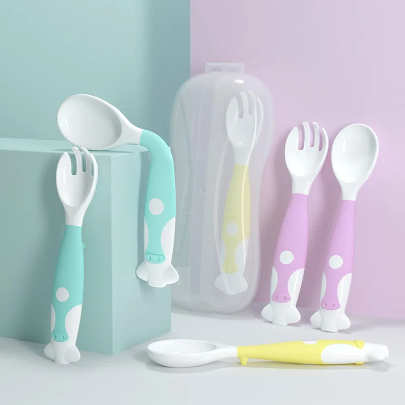 

Baby baby twist spoon fork feeding cutlery set PP material 360 degree curved spoon fork portable for children