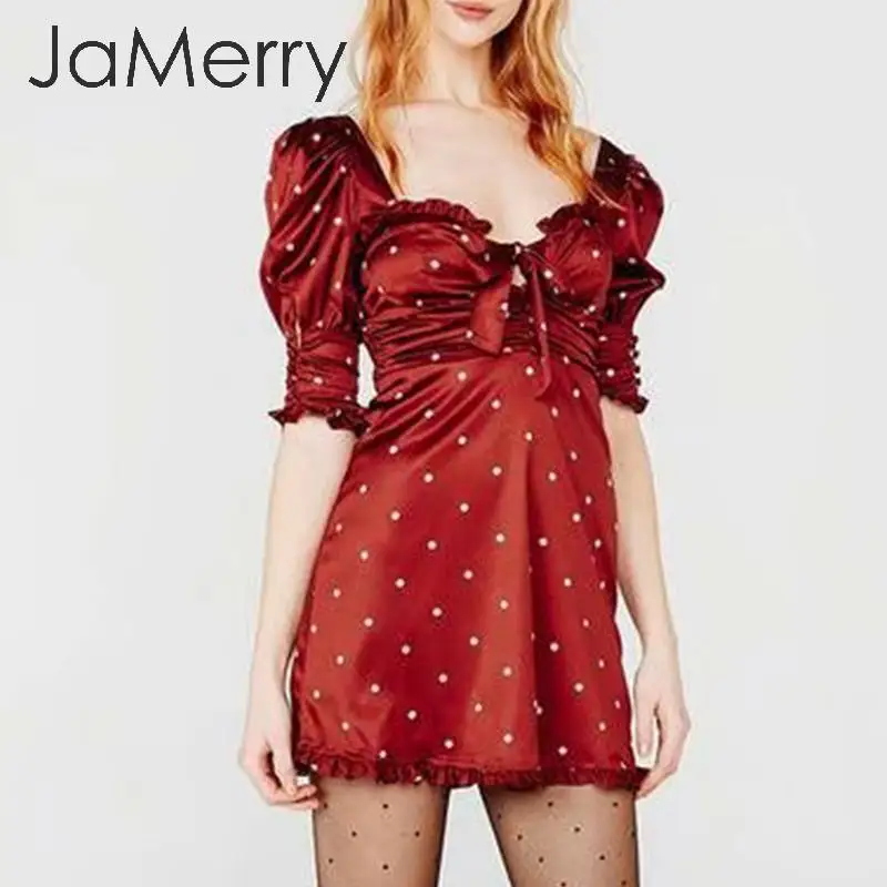 JaMerry, сексуальное женское платье в горошек, элегантное, высокая талия, фонарь, с рюшами, праздничное платье, уличная одежда, для девушек, с рюшами, с бантом, Летнее мини-платье