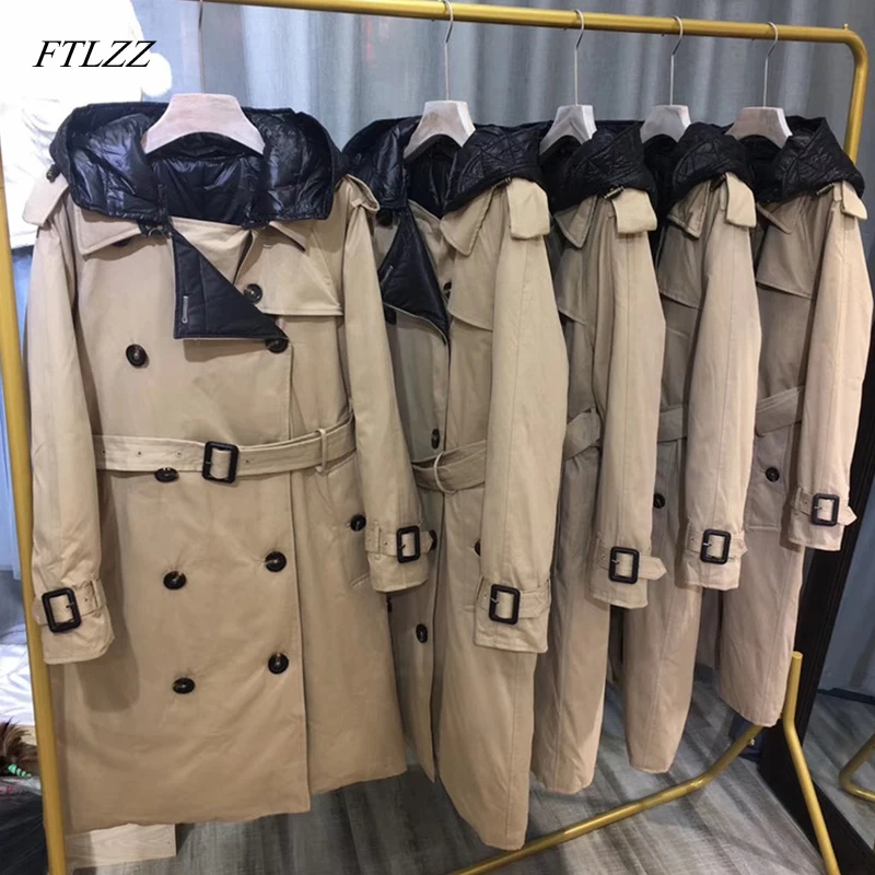 FTLZZ 90% белый утиный пух, Длинные парки, Зимняя женская куртка с капюшоном, теплая двубортная ветровка, пальто с поясом, зимняя верхняя одежда