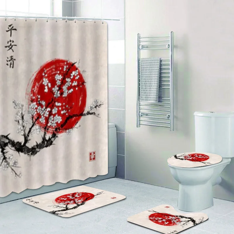 Red Cherry Japanese Culture White Waterproof Bathroom Shower Curtain Bath Rugs 