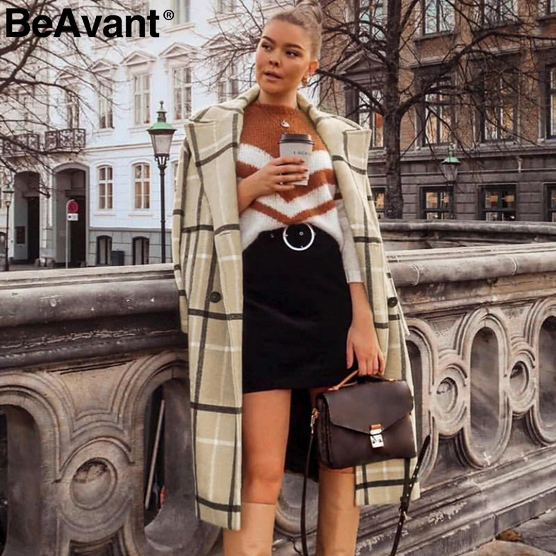 BeAvant, модное клетчатое твидовое длинное пальто, для женщин, на пуговицах, с карманами, Осень-зима, женское, смесь, пальто, элегантное, для девушек, теплое, длинное пальто