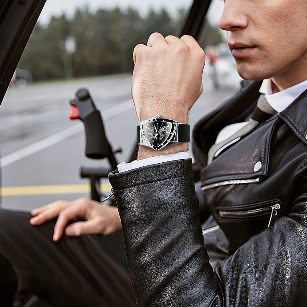 Mechanical Watch Men Automatic Triangle Skeleton Watch with Luminous Pointers Rubber Strap
