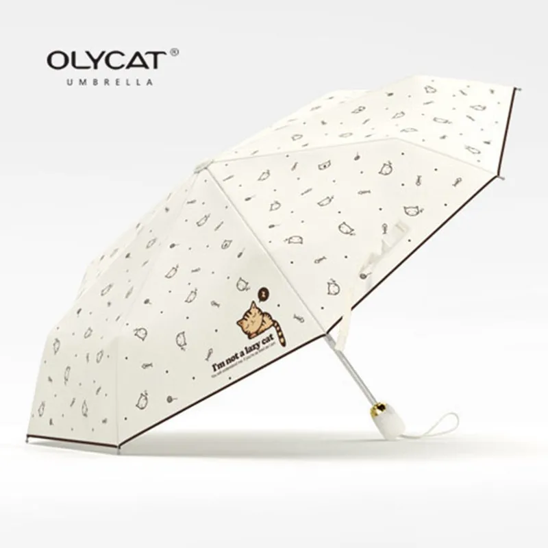 

OLYCAT Woman Cartoon Three Fold Umbrella Fully Automatic White Cat Student Children Girls Black Gum Sunscreen Rainproof