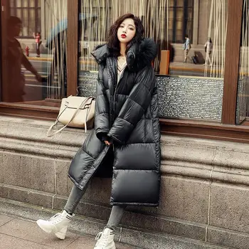 

2019 Fashion X-Long Glossy Parka Women Winter Jacket Cotton Padded Warm Thicken Big Fur Collar Long Coats Parka Womens Jackets