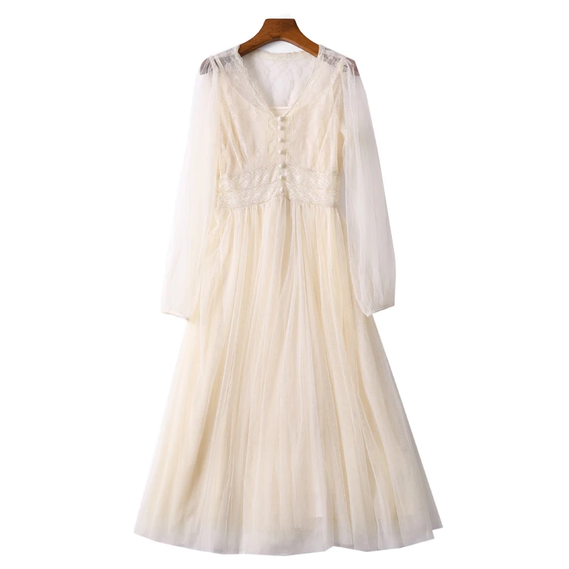 Женское винтажное Сетчатое платье YOSIMI бежевое длинное кружевное с длинным