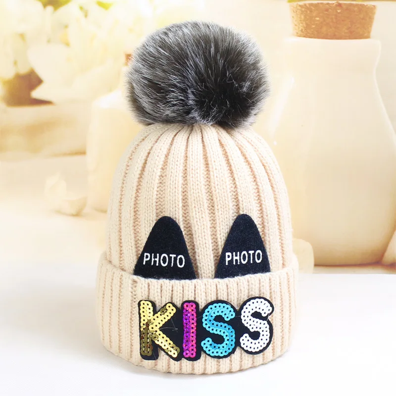 DUOJIAOYAN зимняя шапка с надписью «Kiss», шерстяная детская шапка, классическая популярная шапка для мальчиков и девочек, детская теплая вязаная шапка, аксессуары для волос