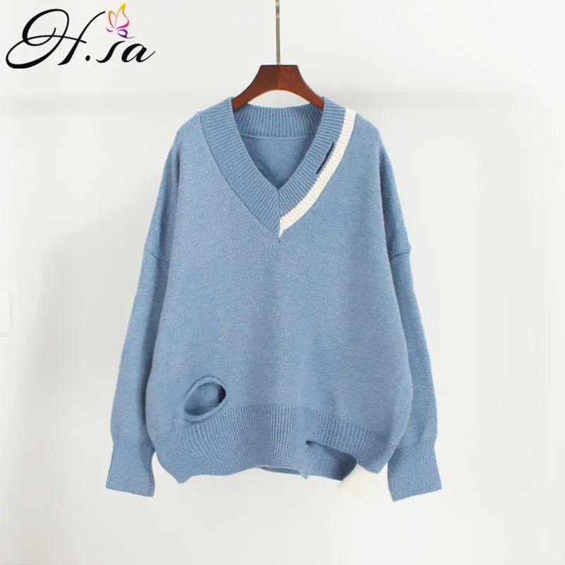 

H.SA 2019 Women Winter Pullover and Sweaters V neck Broken Hole Casual Knitwear Girls Fashion Jumpers Blue Sweater Pull Femme