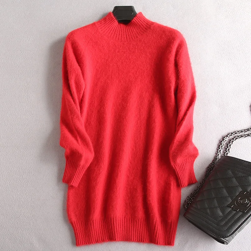 Норковая кашемировая Женская водолазка вязаные длинные пуловеры осень зима повседневные свободные однотонные свитера плотный вязаный джемпер - Цвет: Красный