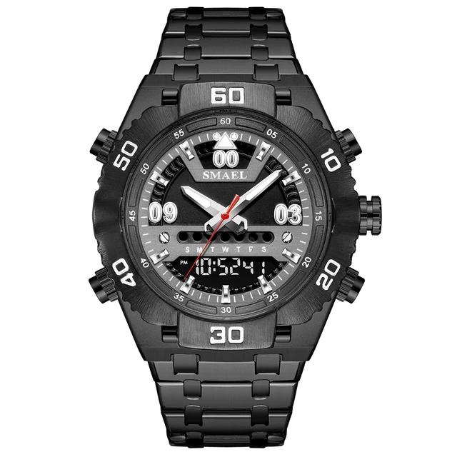 SMAEL Watch Male 2021 Sports Digital Watches Men Waterproof Steel Military Quartz Watch For Men Wristwatch Relogio Masculino Black