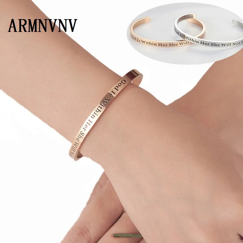 

God is within her she will not fail Engrave Bracelet Fashion Lettering Opening 316L Stainless Steel Bracelet Jewelry