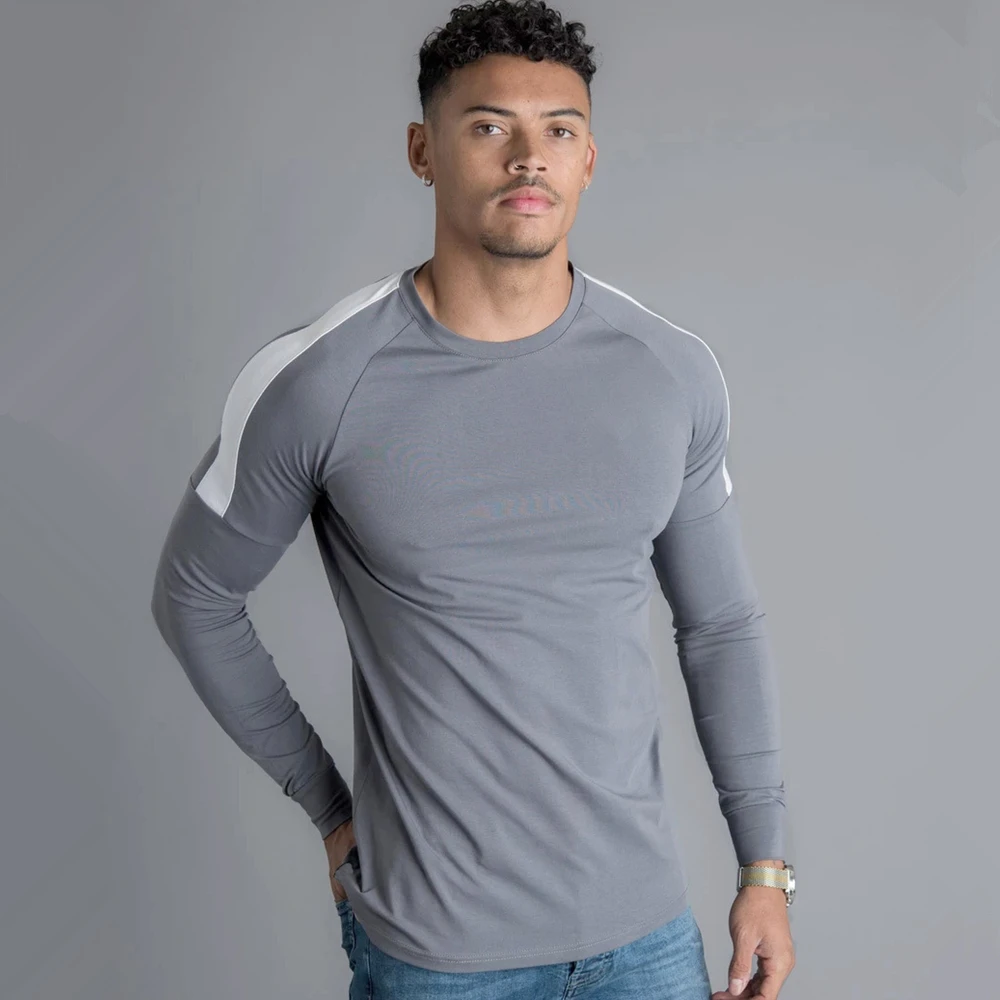 Gray (No logo) Хлопковая футболка для бега Спортивные футболки Для мужчин тренажерный зал для обучения фитнесу узкие черная футболка комплект для мальчиков осенний шерстяной длинный рукав футболки брендовая одежда - Цвет: Gray (No logo)