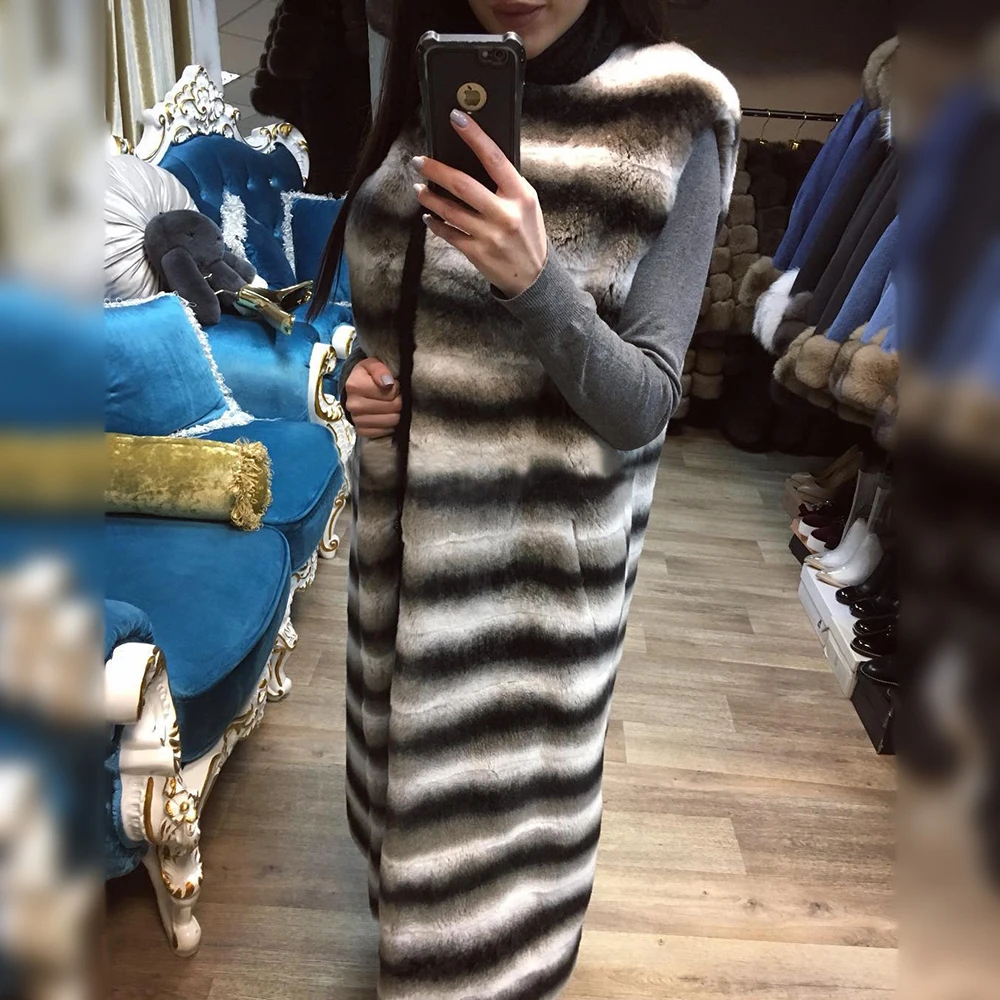 120cm Long Real Rex Rabbit Fur Vest Women Fashion Winter Luxury Overcoat Female Blue Chinchilla Color Rex Rabbit Fur Vests Woman
