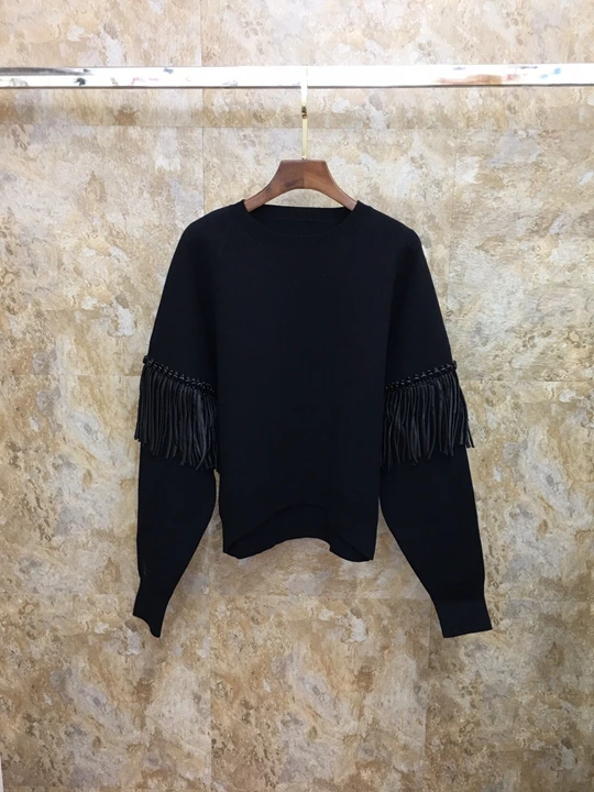Early Autumn New Woman's Round Necklace Stitching Long-sleeved Pure-color Sweater Knitted Shirt 814