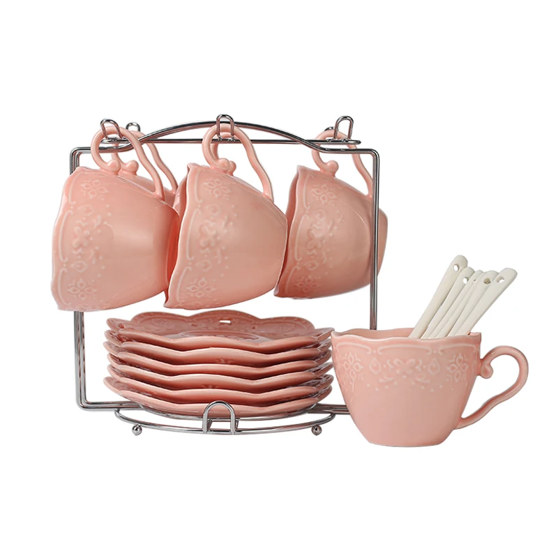 Household Ceramic Six Sets of Tea Sets White Pink European Style Coffee Cup Set Afternoon Tea Tea Cup with Saucer with Spoon