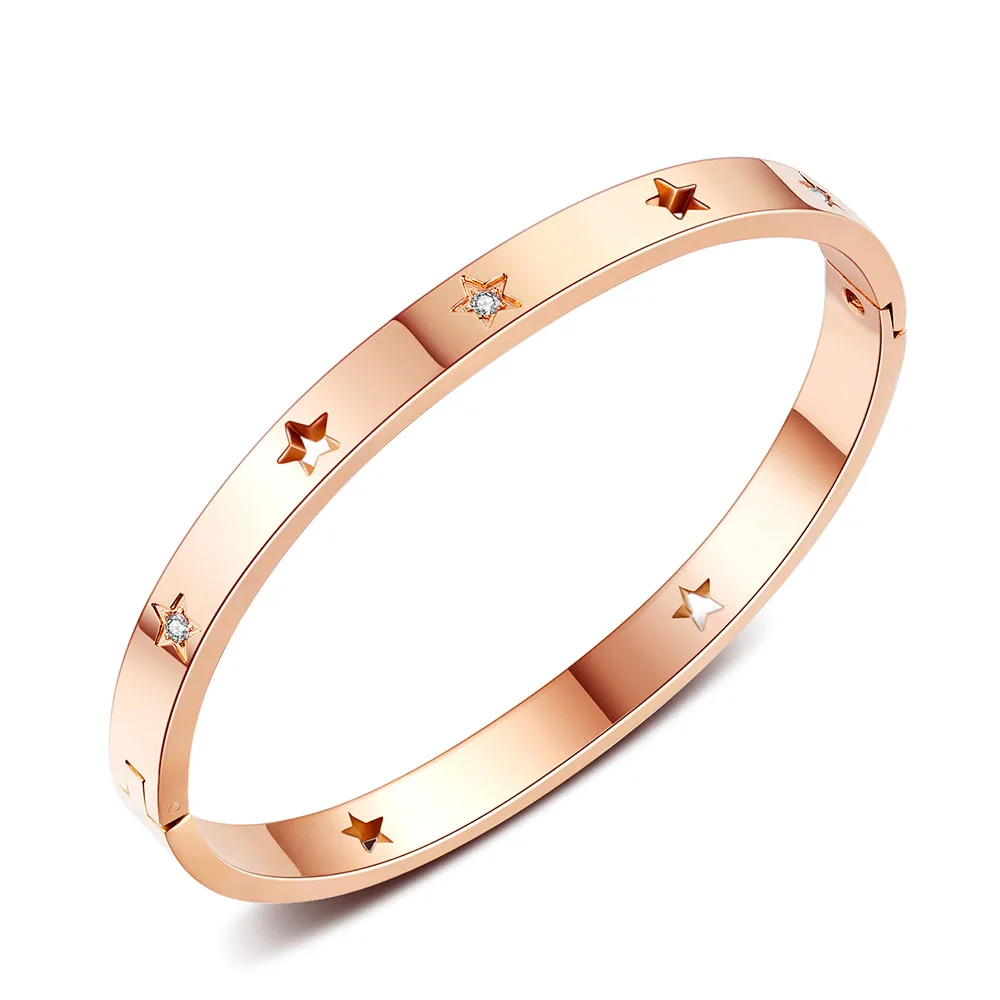 YiKLN, модный титановый браслет из нержавеющей стали, полые запонки со звездой, браслет для женщин, CZ кристалл, пентаграмма, женский браслет YOGH960 - Окраска металла: Покрытие из розового золота