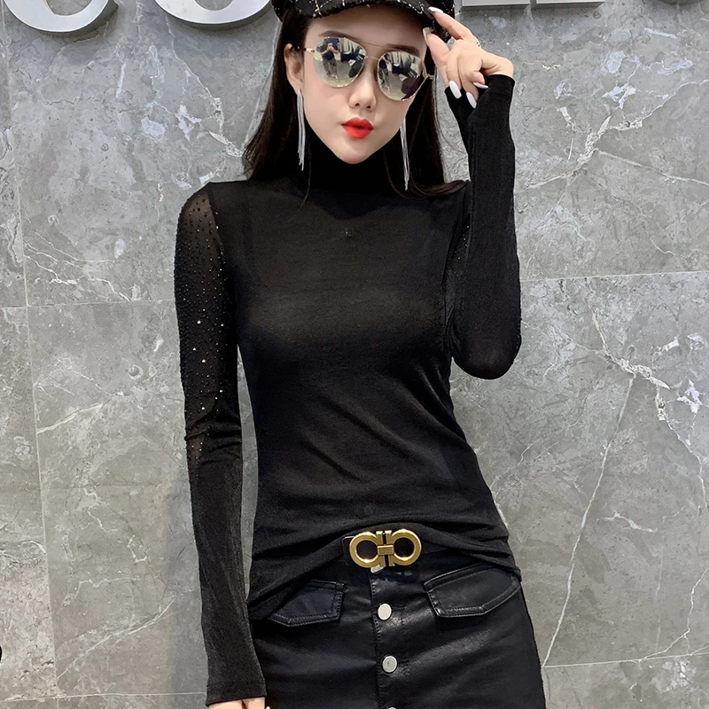 Black tshirt Сексуальный сетчатый топ с длинным рукавом и бриллиантами в стиле пэчворк, осенне-зимняя женская футболка с леопардовым принтом, Camiseta Mujer, джемпер T90804 - Цвет: Black tshirt