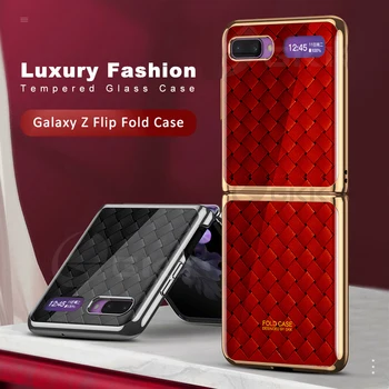 

GKK Luxury Fold Case For Samsung Galaxy Z Flip Pattern Weave Tempered Glass Hard Cover For Samsung Z flip F7000 F700F Cover