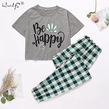 

Cute Women Sleepwear Women's Cartoon Print Short Sleeve Pajama Sets Round Neck Tee and Pants Pajama Set pj set Pyjamas For Women
