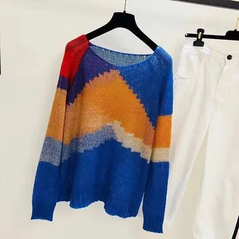 

Women Autumn Winter New Patchwork Sweater Multicolor Sweaters O-Neck Knitted Jumper Top Loose Casual Warm Femme Sweater