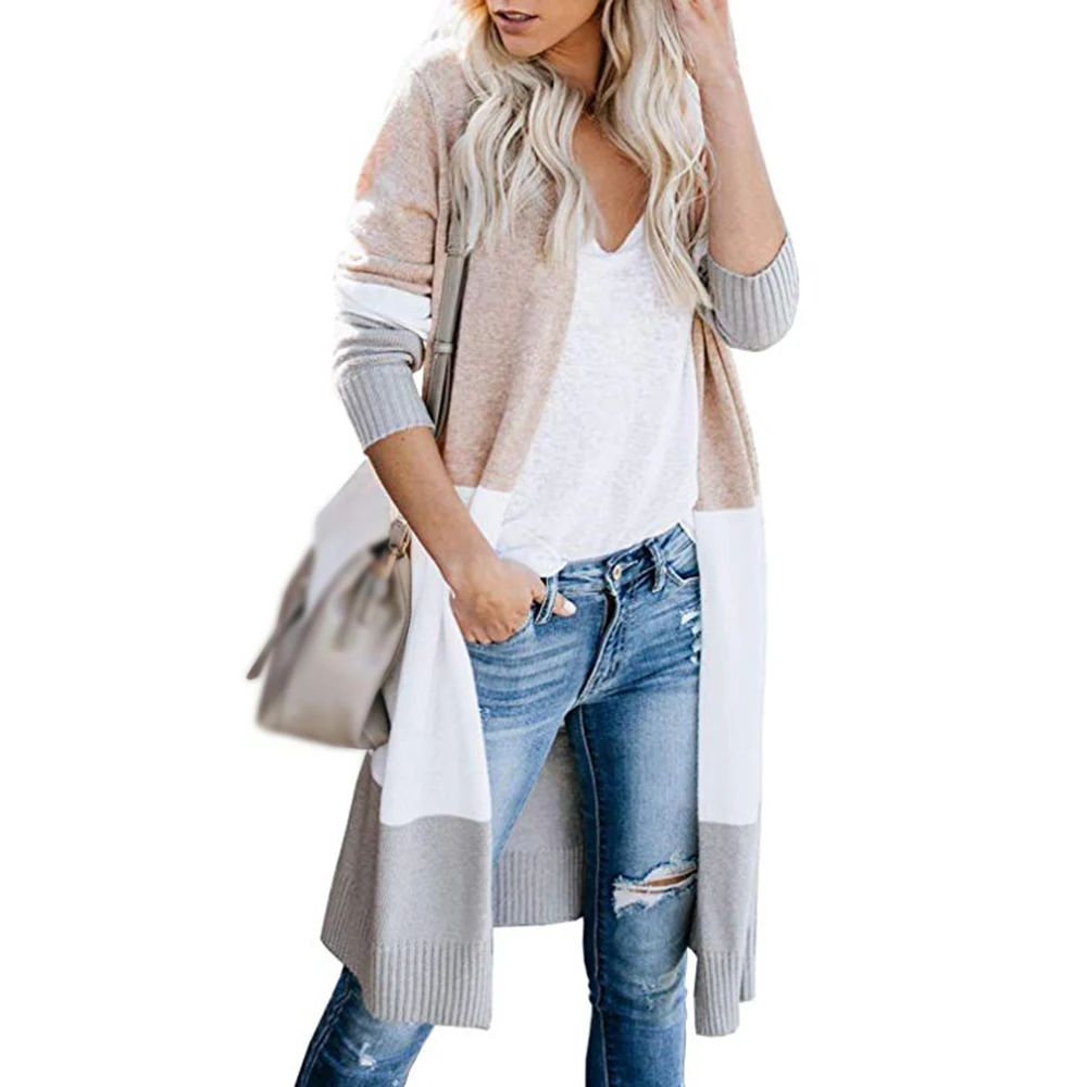Весна, женский свитер, полосатый, с цветными блоками, Драпированный, Свободный кардиган, длинный рукав, Повседневный, вязаный свитер, пальто - Цвет: COLORFUL-3