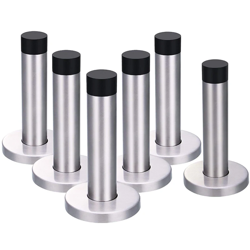 Silver Door Stop Wall Mounted with Screw Rubber Buffer, 304 Stainless Steel Door Stopper Chrome Accessories(6 Pcs