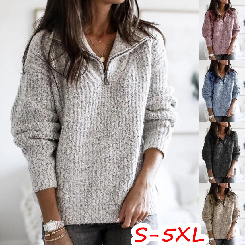 

Zipper Half Turtleneck Pullovers Women Sweater Long Sleeve Loose Elastic Solid color Knitted Femme 2020 Winter Fashion