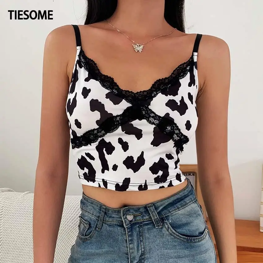 TIESOME Summer Women V-neck Lace Stitching Street Trend Cow Print Sling Slim And Navel Revealing Vest Female Tops Sexy Tank Top