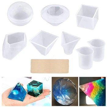 

DIY Expoy Resin Molds Jewelry Pendant Molds Kit Square Cube Gemstone Shape With Stirrers Measuring Cups For UV Resin Casting