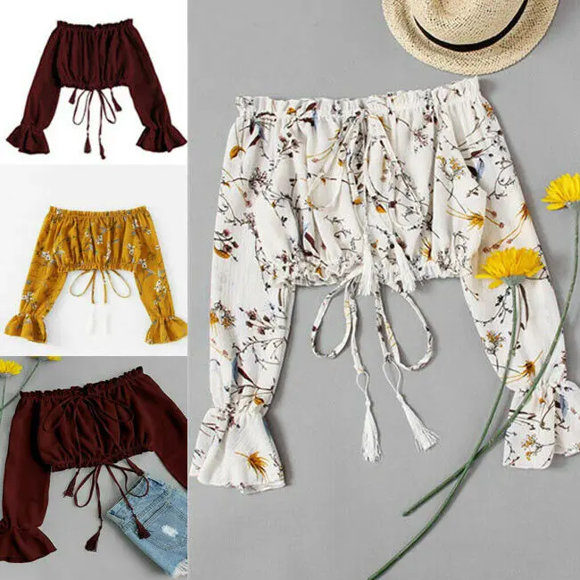 

New Boho Women Off Shoulder Casual Solid Shirts Lace Top Tees Blusas Blouse Tops Autumn Thin Chiffon Floral short blouse shirts
