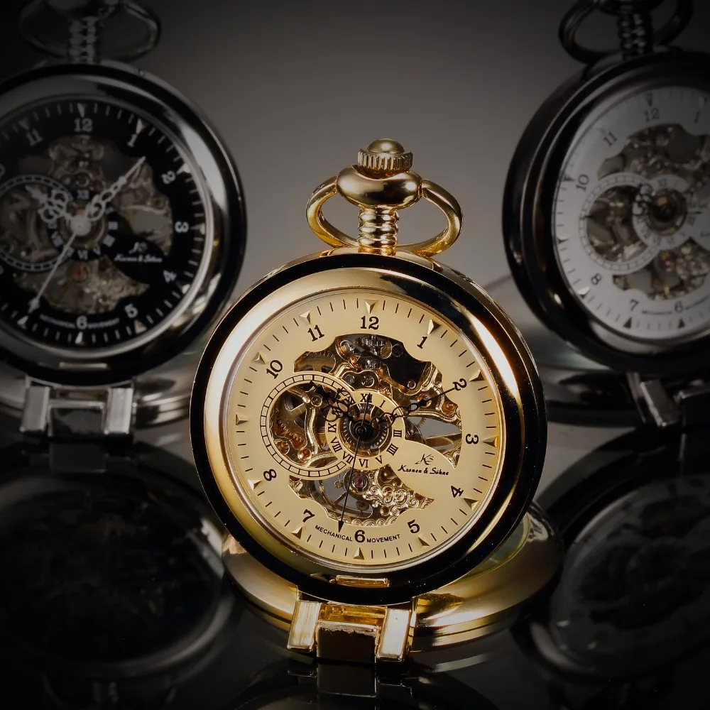 KS Luxury Skeleton Golden Hand Winding Clock Long Chain Fob Pendant Stand Transparent Case Men Mechanical Pocket Watches /KSP062