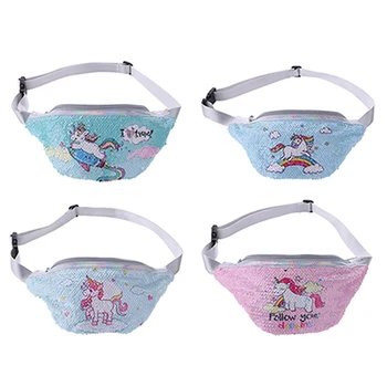 

Girl Polyester Lovely Unicorn Waist Bag Student Phone Pocket Adjustable Belt Sequin Cartoon Pillow Chest Shoulder Bag For Women