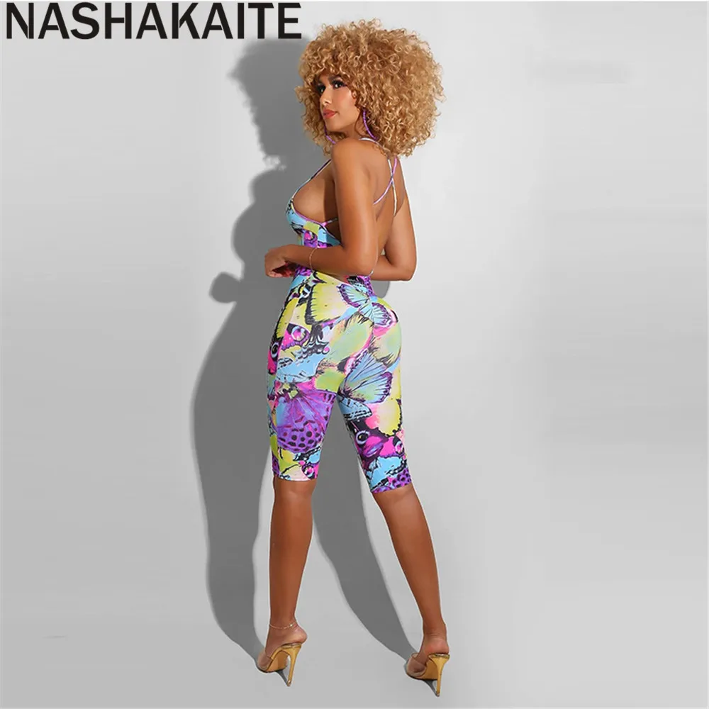 NASHAKAITE Summer Mother And Daughter Clothes Butterfly Print Sling Jumpsuit Sleeveless Backless Rompers Mommy And Me Outfits