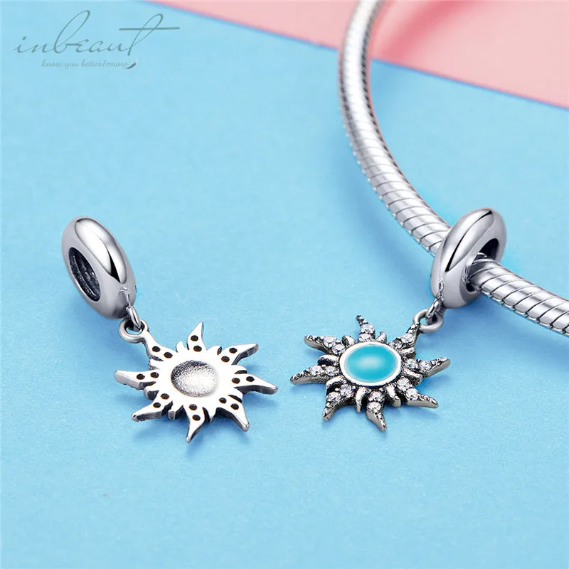 S925 серебро fit Pandora Braclelet винтажные синие украшения в виде солнца белый циркон ретро Солнечный бисер для изготовления браслетов ювелирных изделий