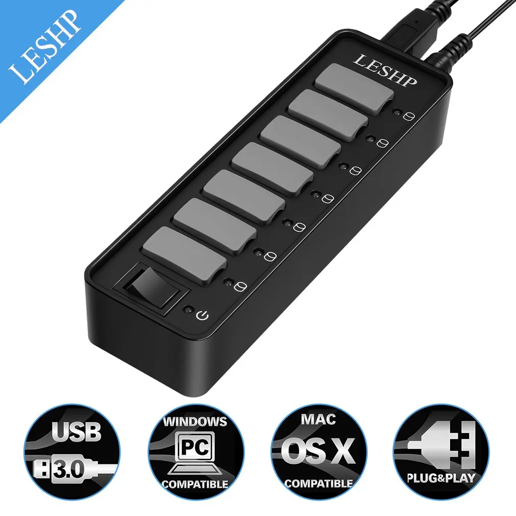 7 портов USB 3,0 концентратор Высокоскоростной 5 Гбит/с USB 3,0 концентратор данных разветвитель со светодиодами и переключателем внешний адаптер питания для ПК ноутбука
