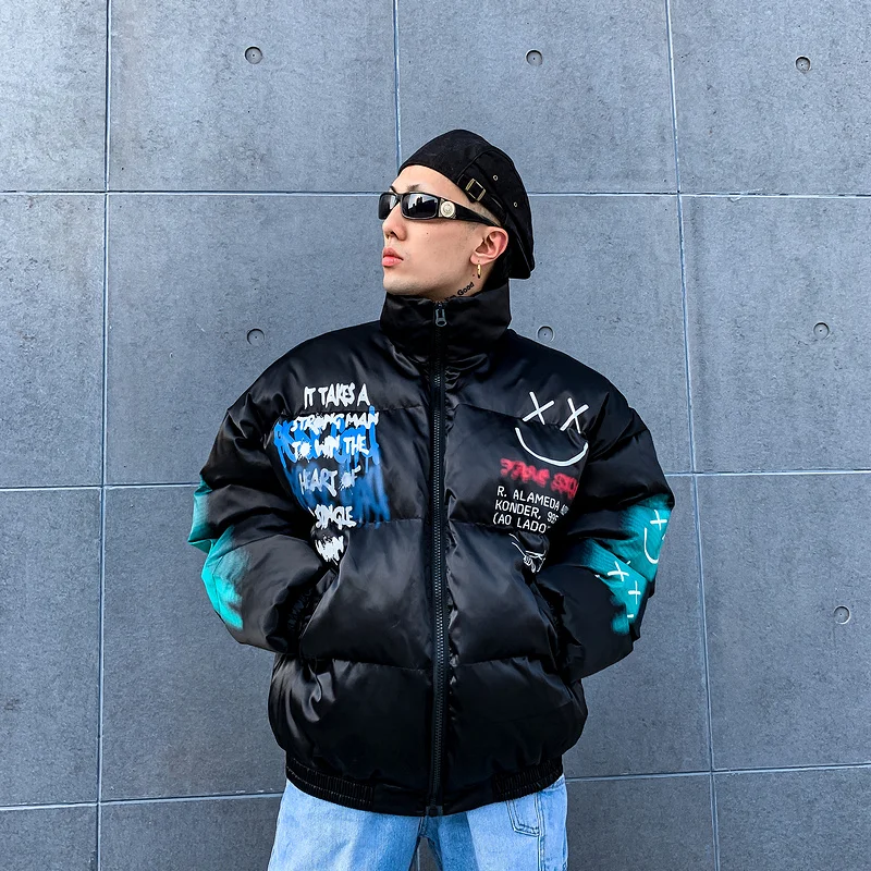 Парки с хлопковой подкладкой и принтом в виде граффити; уличная одежда в стиле хип-хоп; повседневные плотные теплые куртки; хипстерские зимние мужские пальто больших размеров