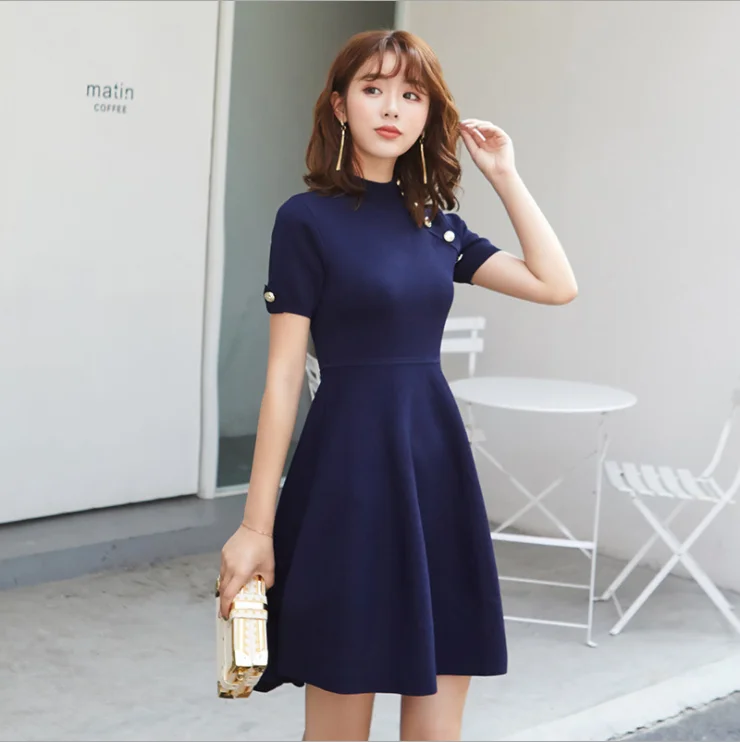 

Spring Women's New Knit Half Turtleneck Short Sleeve Metal Button Solid Color Dress 1183