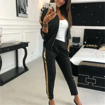 

2019 Tracksuit for Women 2PCS Zipper Up Sweatshirt Sequined Striped Coat + Pants Set Sport Jogging Casual Autumn Clothes Suit